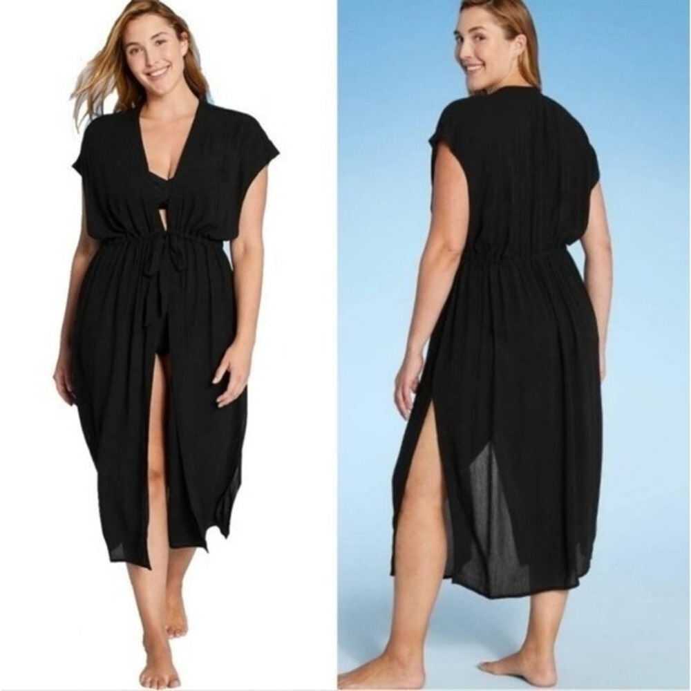 Kona Sol Black Boho Kimono Swimsuit Bikini Cover Up Beach Resort Summer Sz L XL